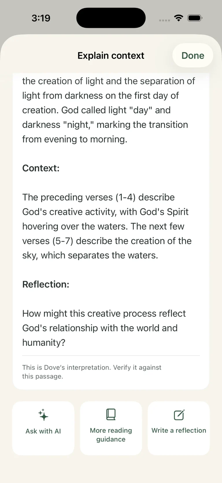 Dove context explanation with reading guidance and reflection