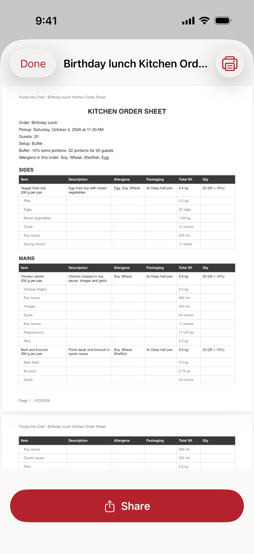 Ponda the Chef Kitchen Order Sheet for a birthday lunch for 20, with each dish's portions, packaging, allergens and total weights