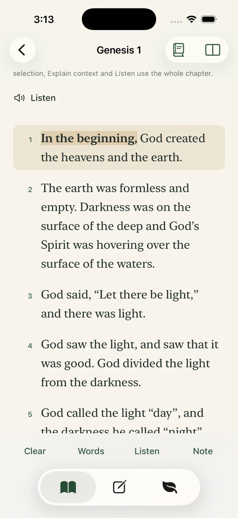 Dove reading Genesis 1 with selected words and Listen