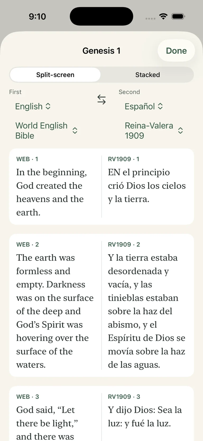 English WEB and Spanish Reina-Valera 1909 compared side by side