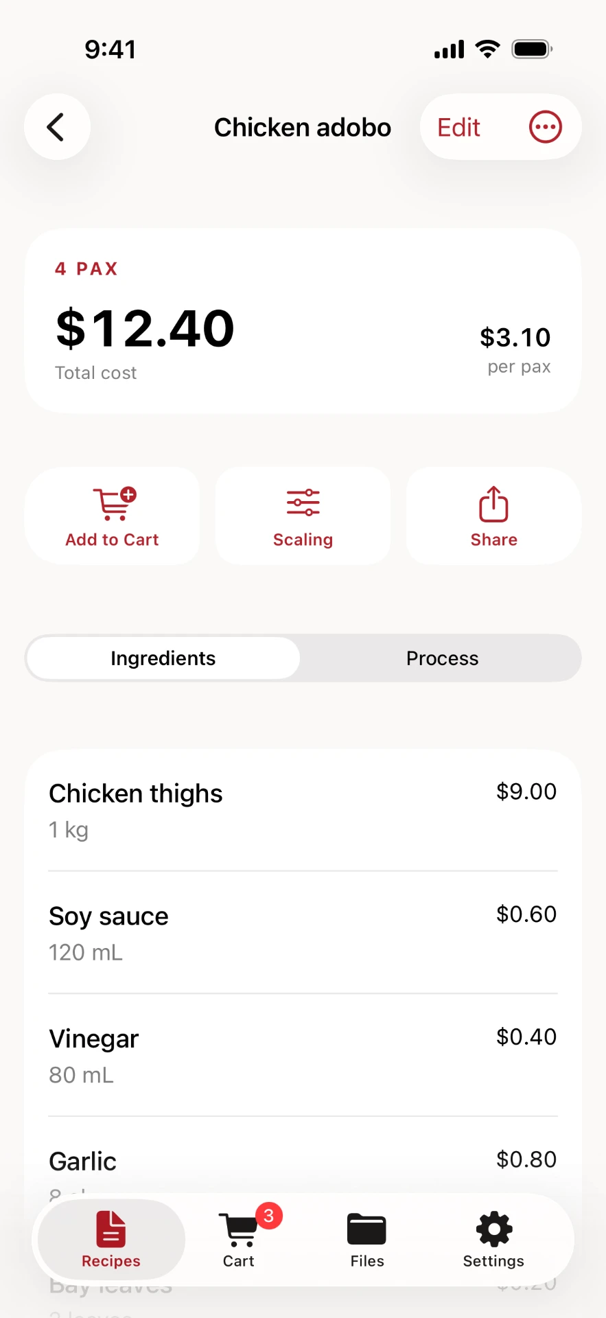Chicken adobo for 4 in Ponda the Chef: $12.40 in all, $3.10 per serving, with each ingredient's amount and cost