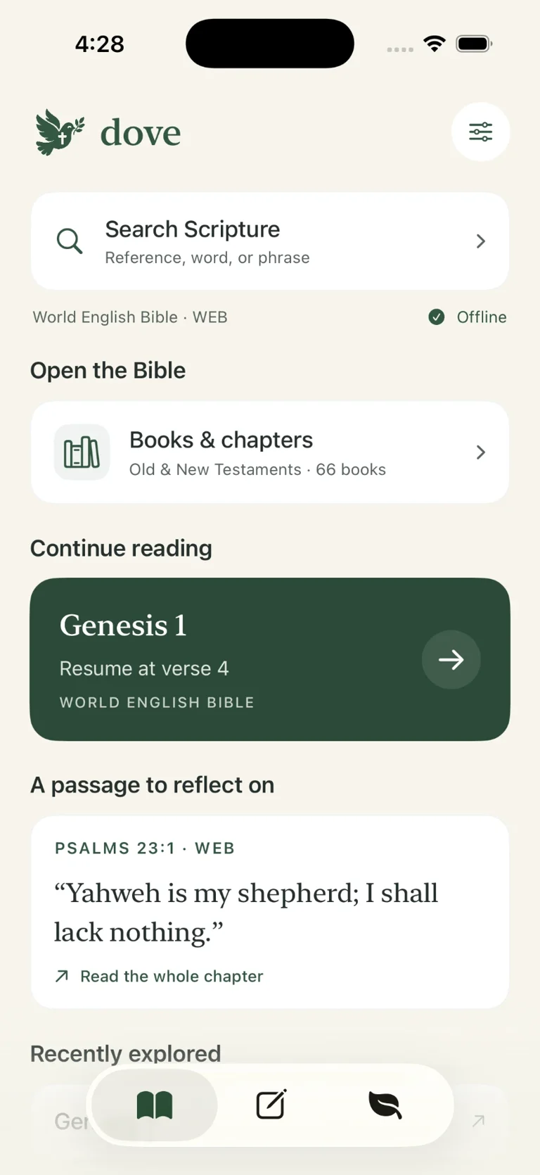 Dove study home with Scripture search and reading position