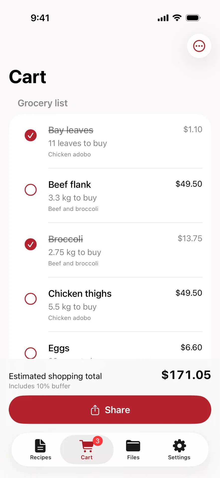 Ponda the Chef grocery list with items ticked off and an estimated shopping total of $171.05, including a 10% buffer