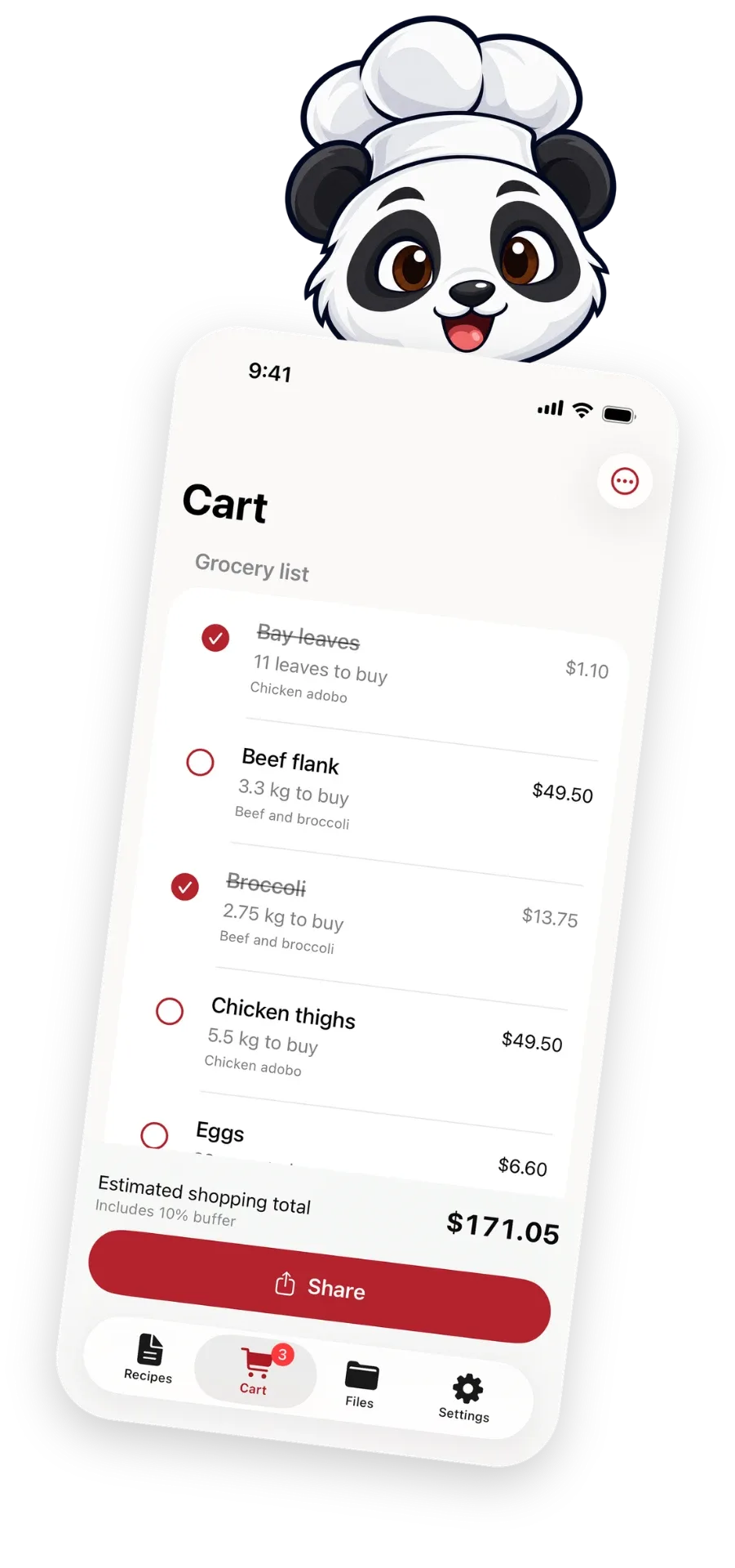 Ponda the Chef grocery list with an estimated total of $171.05, with Ponda peeking over it