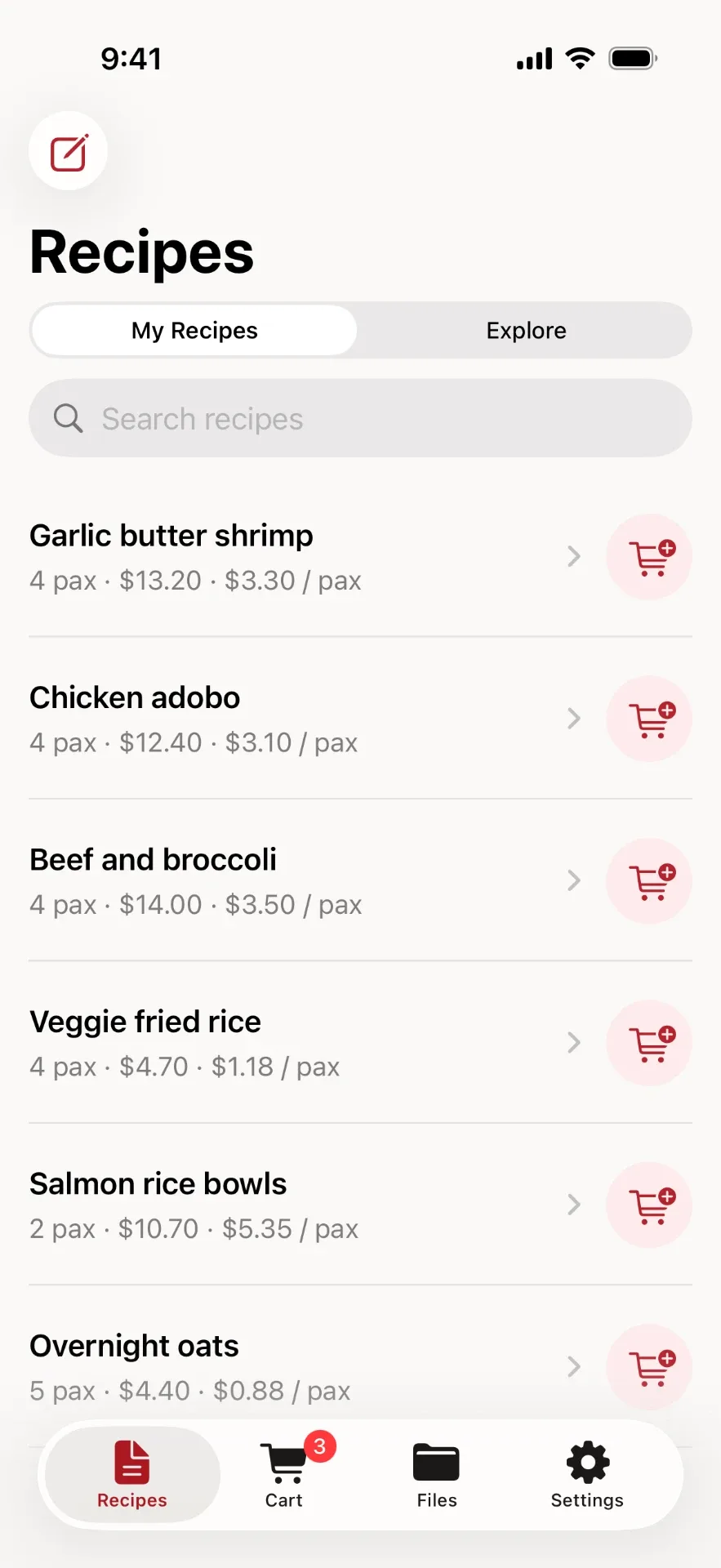 Ponda the Chef recipe list with each recipe's servings, total and cost per serving